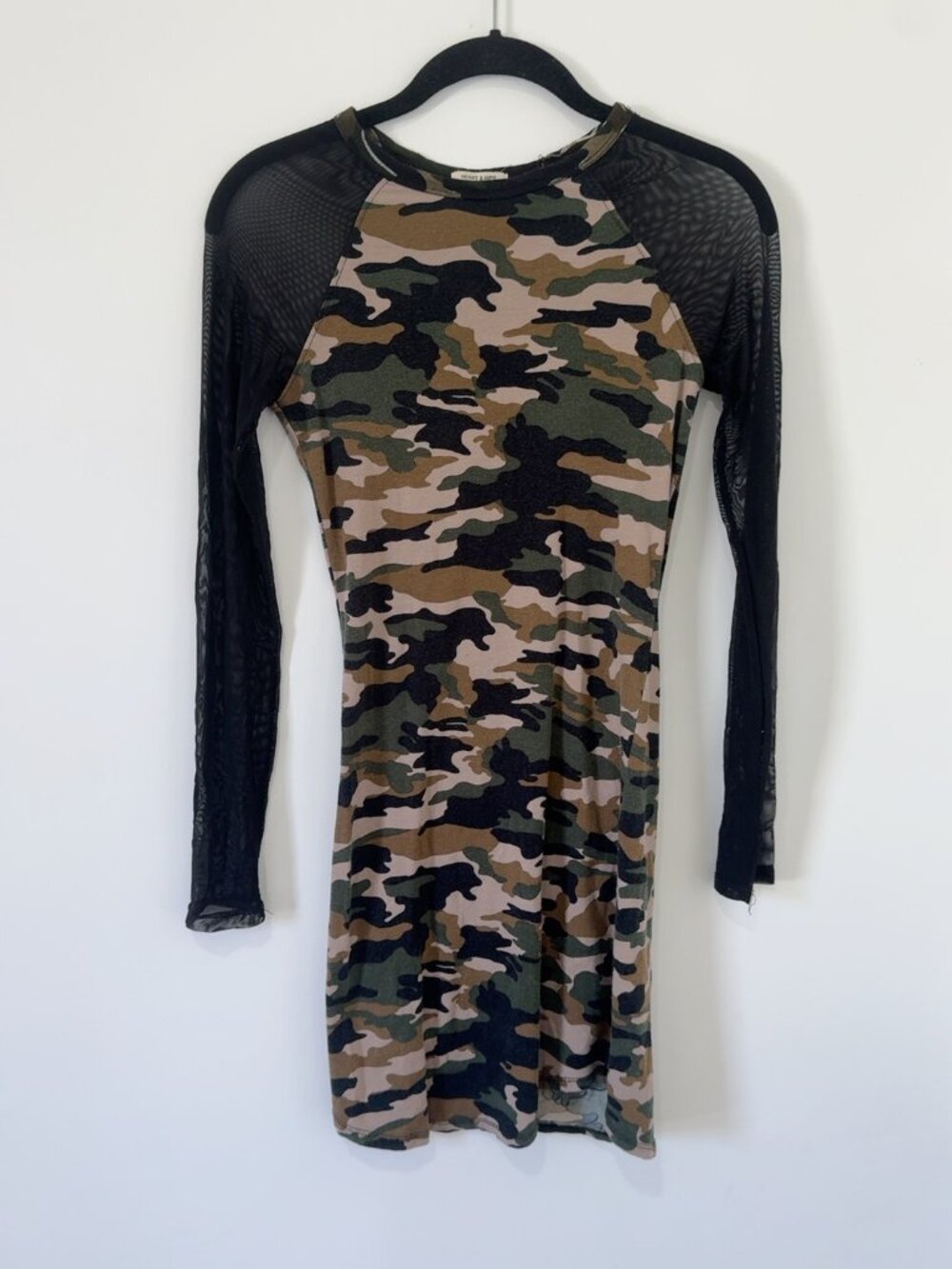 Heart & Hips Camo Bodycon Mini Dress S Black Mesh Long Sleeves